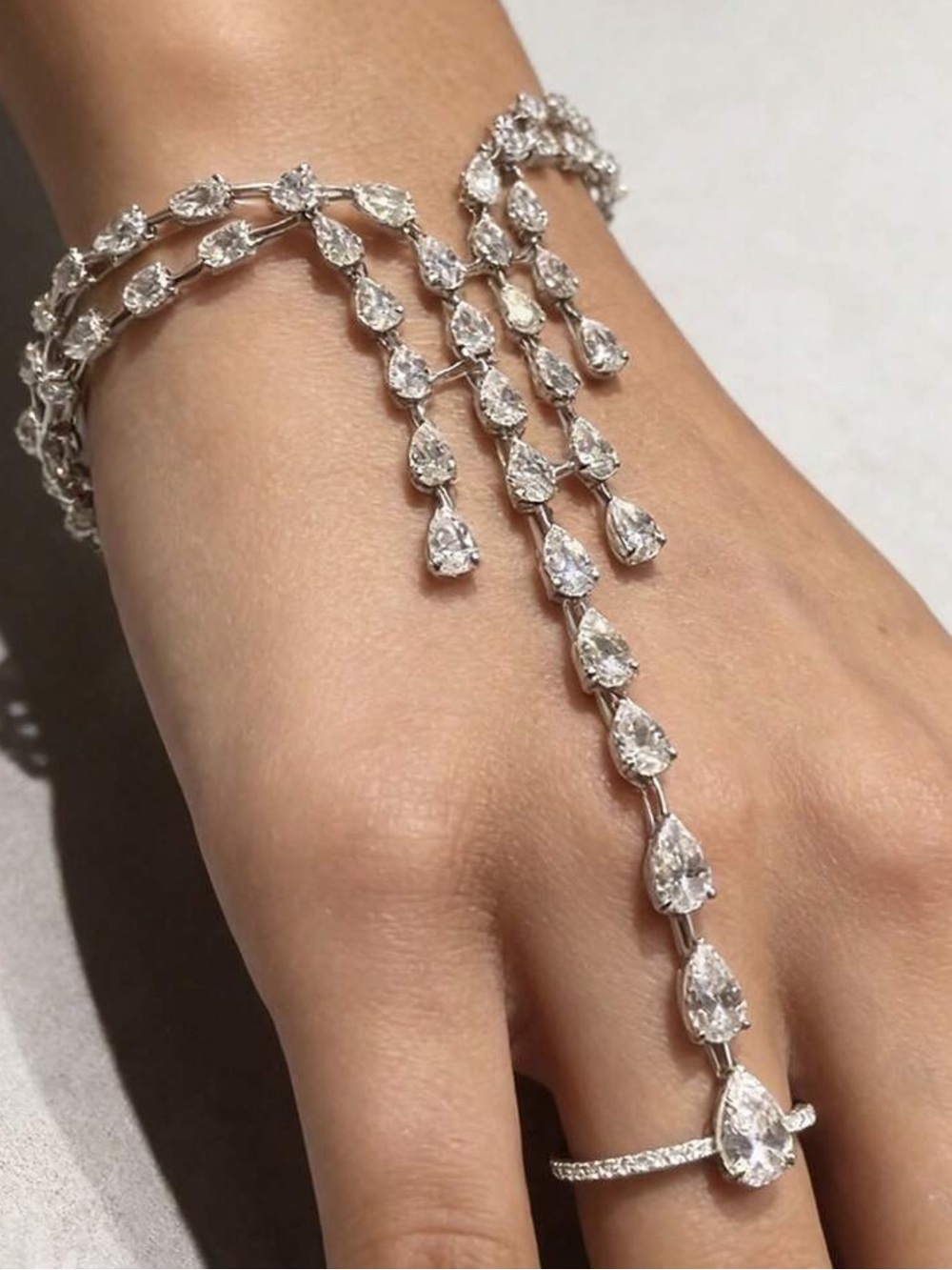 Silver-Tone Crystal Drop Bracelet Ring